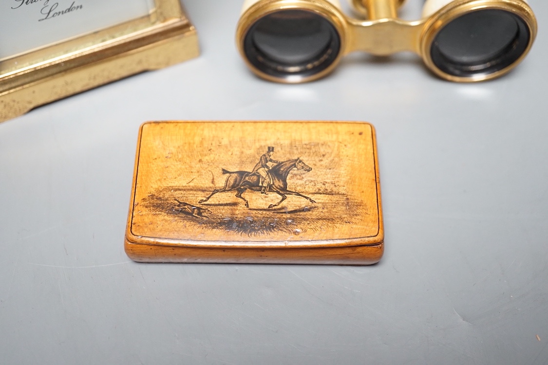 A Mauchline ware snuff box, cased Ivory opera glasses and a brass cased carriage timepiece